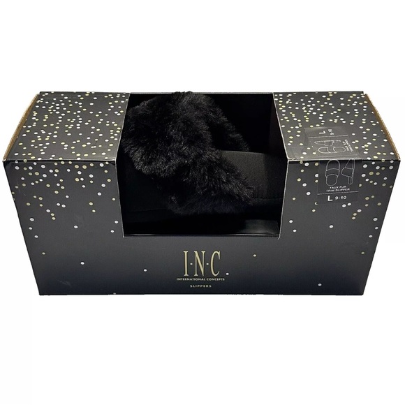 INC Slippers L 9/10 Black Satin Faux Fur Slip On Slides Soft Comfort Foam New - Picture 1 of 5